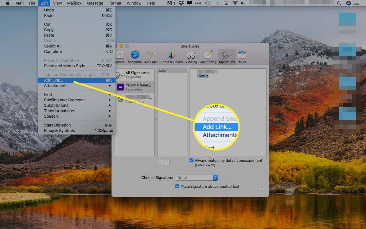 mail app for mac insert an image and link into signature